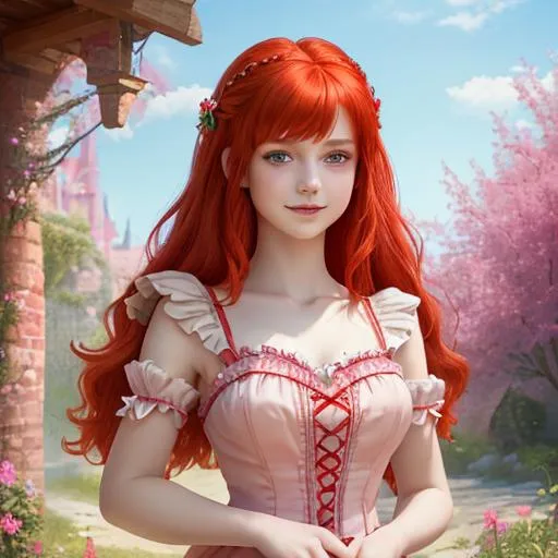 Prompt: fantasy summer girl. princess dress. red hair. beautiful. slight smile. UHD. 64K. HDR. Highly detailed. Vivid colors.