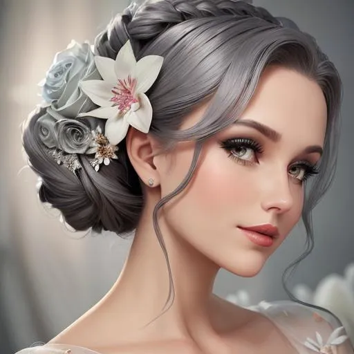 Prompt: Beautiful woman portrait wearing an gray evening gown, elaborate updo hairstyle adorned with flowers, facial closeup