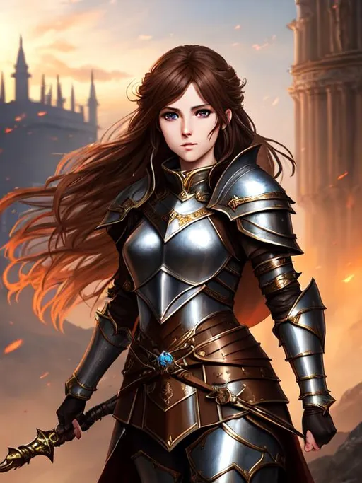 A female knight with brown hair, epic, dark fantasy,... | OpenArt