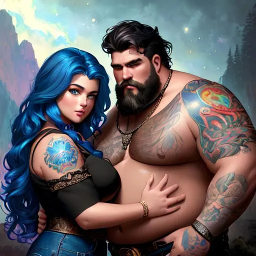 Prompt: fantasy oil painting of (((grungy heavyweight man and heavyweight woman, round faces, chubby faces))), ((blue long wavy hair for woman)), ((brown long wavy hair for man)), tattoos, collar, 80's aesthetic, Disney, pixar, (rainbow), space, illustration, high detail, intricate, elegant, by Jeremy Mann, artgerm, Rutkowski, and other illustrators, intricate details, face,  full body portrait, headshot, illustration, UHD, 4K