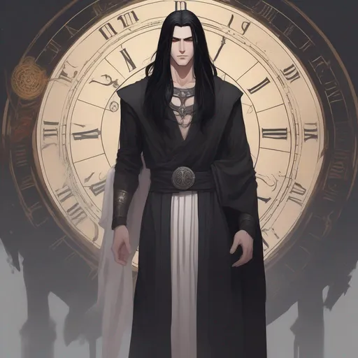 Prompt: DND a tall pale handsome man with long straight black hair wearing a black toga god of time and death