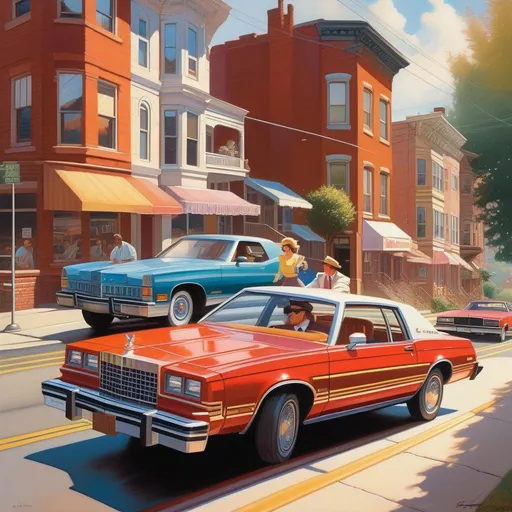 Prompt: 1980s, Cincinnati, car chase, sunny weather, warm atmosphere, cartoony style, extremely detailed painting by Greg Rutkowski and by Henry Justice Ford and by Steve Henderson