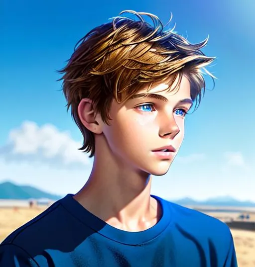 Prompt: Hyperrealistic Hyperrealism (3/4 view of face)++ (head turned)++ (side view) portrait,  facing camera Beautiful young teen boy, (kid) (messy hair)+ lightbrownhair boy, hair, sharp gaze, blue eyes, innocent, boy model, 15 years old, hot, pretty, cute, cinematic lighting, blue sky, bright colors, blue, green, yellow, white,  luminous, hyperdetailed, great composition, professional, artstation award, (white background)++