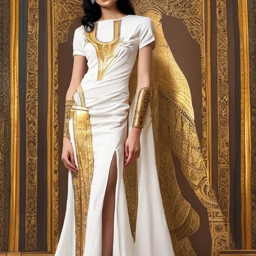Prompt: White pharaonic women's dress with golden pharaonic drawings inspired by modern elegance