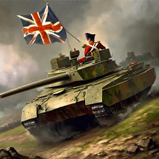 Prompt: Napoleonic War, Hill, Painting Art, main battle tank, british army, british flag