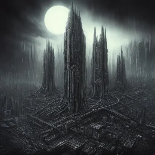 Prompt: Creating a hyper-realistic image with a message in the style of HR Giger, conveying the idea of a dark force controlling the world through technology and fear, is a powerful concept. Here are some prompts to assist you in your creative process:

1. "Imagine a hyper-realistic, HR Giger-inspired dystopian cityscape shrouded in darkness. The towering, biomechanical buildings loom overhead, blending with twisted, organic forms. How would you depict this eerie metropolis?"

2. "To convey the idea of people being kept blind to the truth, visualize a group of individuals with their eyes obscured by intricate, mechanical devices. How can you depict their expressions and the sense of helplessness in this hyper-realistic scene?"

3. "Incorporate elements of technology seamlessly into the environment. Picture surveillance drones, data streams, and eerie holographic propaganda. How can you make these elements feel oppressive and invasive?"

4. "Consider the contrast between darkness and light. How might you use stark black and white contrasts to symbolize the struggle between the oppressive force and those seeking enlightenment?"

5. "For the central message, visualize a lone figure or group of rebels who have found a way to break free from the dark force's control. How can you represent their awakening and quest for truth in this hyper-realistic artwork?"
