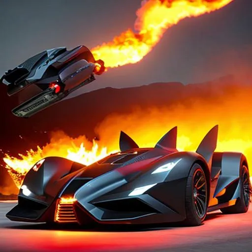 Prompt: Futuristic Batmobile on fire maximum speed