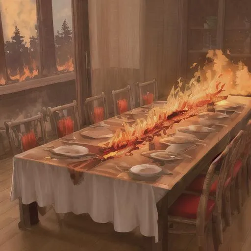Prompt: fire on the table