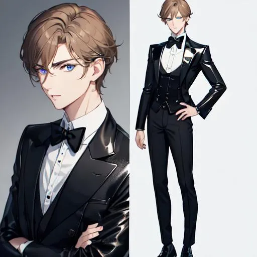 Prompt: Alex 1male. Short light brown hair. Soft and mesmerizing blue eyes. Wearing a sleek black button-up shirt, paired with tailored black pants and shiny leather shoes. He completes the look with a stylish black vest and a classic black bow tie. 