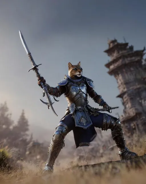 Prompt: tabaxi warrior wielding a silver spear, photorealism, finely detailed, wearing half plate armor, high quality, high resolution weapon, detailed armor, intimidating warrior, large fangs, manly, head of a mountain lion, valuable ornate spear, ready for battle, muscular, powerful jaws, large teeth, heroic, powerful build, strong, very detailed face, nice whiskers