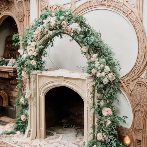 Prompt: a brilliantly detailed and illustrative art nouveau style wedding arch including pastel colors, forest, floral and ethereal elements in front of a white fireplace