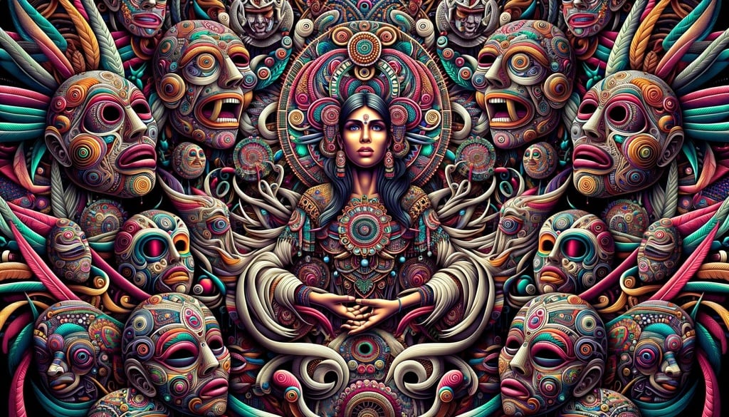 Prompt: Intricate digital artwork featuring a woman of Hispanic descent in the center, surrounded by floating ritualistic masks. The environment around her is filled with vibrant neo-traditional motifs, forming a captivating psychedelic scene.