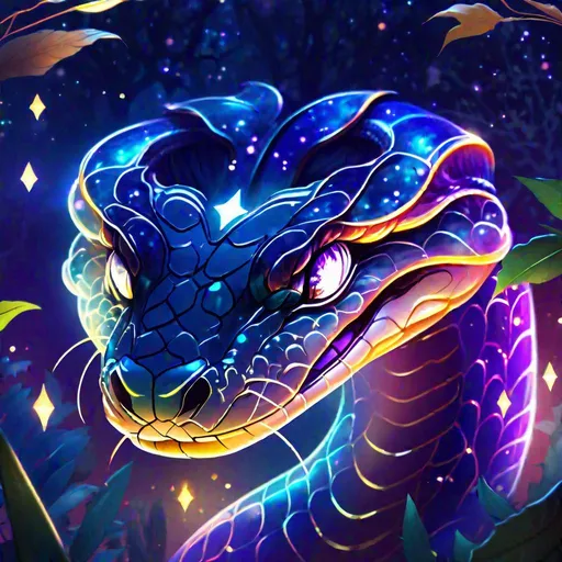 Prompt: An elegant translucent viper head that is hissing that is glowing, beneath the stars, sunset, magic forest background, highres, best quality, concept art