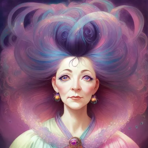 Prompt:   beautiful mature woman 50s with hair made of  floating ribbons and  smoke, beautiful sky background, colorful and vibrant, mystical  colors, contemporary impressionism,  iridescent painting, 3/4 perspective view, brian froud, cute face, low angle, sweeping circling composition, large beautiful crystal eyes, big irises