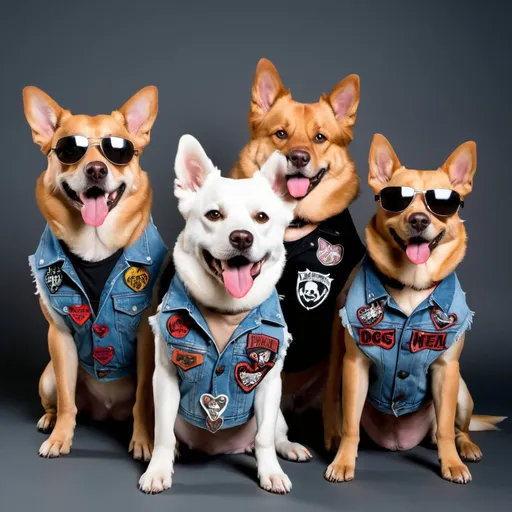 Prompt: dogs wearing a heavy metal music denim vest with patches in a group band photo 