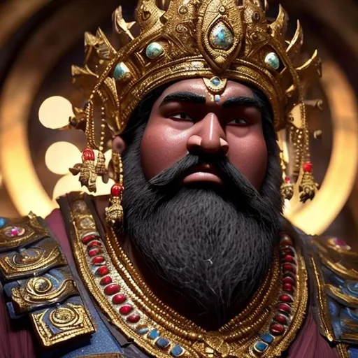 Prompt:  a very dark complexion and was gigantic, with thick, long hair, a gold crown on his head and dense body hair  wear ornaments adorned with blue sapphires.