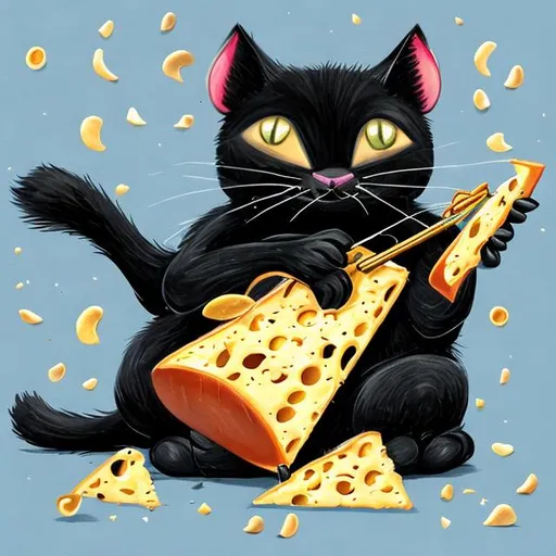 Prompt: Black cat that loves jazz and cheese