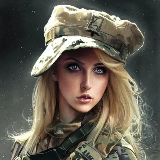 Prompt: A beautiful blonde Girl in U.S army uniform ,photorealitic, high detail, Dramatic lighting , photoshoot , digital painting, artstation, illustration, concept art, smooth, sharp focus, art by Jude Palencar, Luis Royo, John Collier and Albert Aublet and Krenz Cushart and Artem Demura and Alphonse Mucha