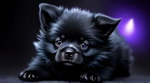 Prompt: Cute, black, fluffy, fantasy dark puppy, with dark, black eyes, very, dark fur, and possessing the element of darkness and making circles of dark magic move around in the air in a magical way. Perfect features, extremely detailed, realistic. Krenz Cushart + loish +gaston bussiere +craig mullins, j. c. leyendecker +Artgerm.