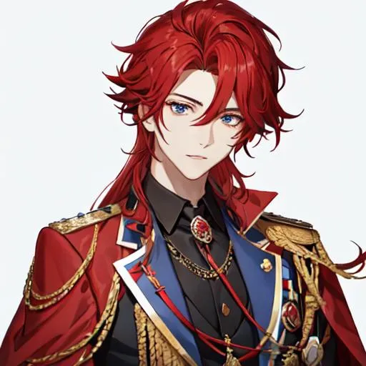 Prompt: Zerif 1male (Red side-swept hair covering his right eye) wearing a royal suit