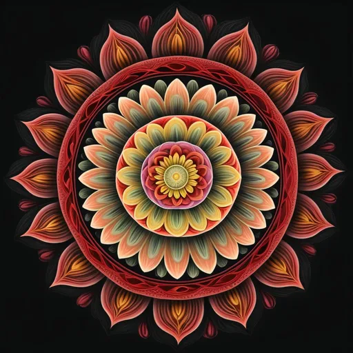 Prompt: a colorful flower with a black background and a red center on the center of the flower is a circular design, Amanda Sage, samikshavad, highly detailed digital painting, a detailed drawing