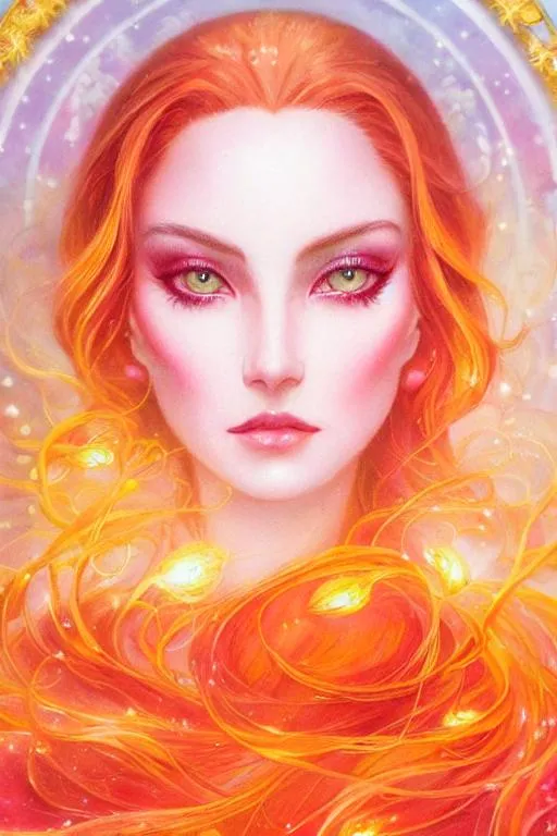 Prompt: a close up portrait of An intergalactic beautiful empress, beautiful symmetrical face, silky gradient red hair hair, golden eyes, wearing a exquisite gown with delicate intricate details, shimmer, glow. Art by  stanley artgerm, peter mohrbacher, Brian Froud, rossdraws, guweiz, wlop, ilya kuvshinov, Charlie bowater, Laura Diehl, makoto shinkai. painting by daniel f gerhartz, art by Andrew Atroshenko and Edouard Bisson. highly detailed, sharp focus, ethereal, fantastic view, dreamy, Epic, celestial, sparkling, glossy, light emitting,  inner light.

