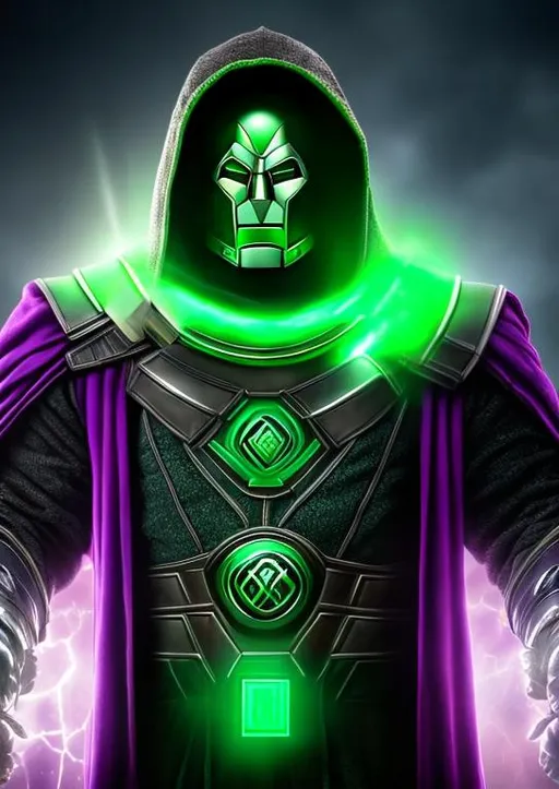 Prompt: High-resolution hyperrealistic photo of kang the conqueror nathaniel richards merged with doctor doom victor von doom, purple and green and grey costume, uhd, hdr, 64k