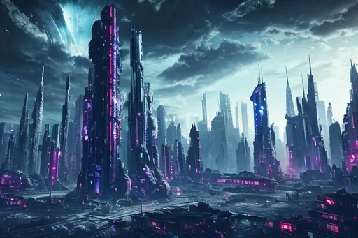Prompt: Abandoned Futuristic City Tall Skyscrapers black sky broken ruins large spaceships high resolution 8k