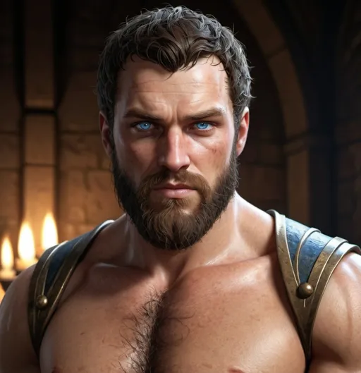 Prompt: Medieval nobleman with bronze skin, thick dark brown hair and full beard, piercing blue eyes, handsome, strong and broad-shouldered, hairy chest, realistic, detailed musculature, rugged, high definition, realistic, intense gaze, historical, earthy tones, dramatic lighting