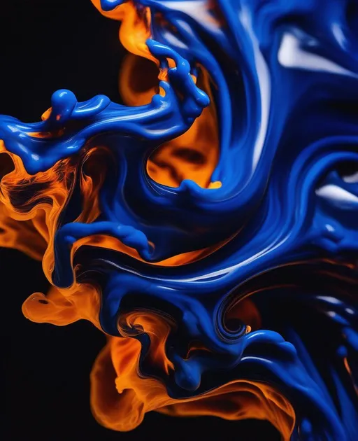 Prompt: An abstract image of cobalt blue paint swirling and melting against a black background, resembling ever-changing flames. Fiery tendrils of blue contort into organic shapes that seem to flicker and dance with motion. Shot with a Canon 5DS R and 100mm macro lens for finely detailed textures. Lit with dramatic side lighting to increase contrast. The mood is energetic and transformative yet highly controlled. In the style of LeRoy Neiman.