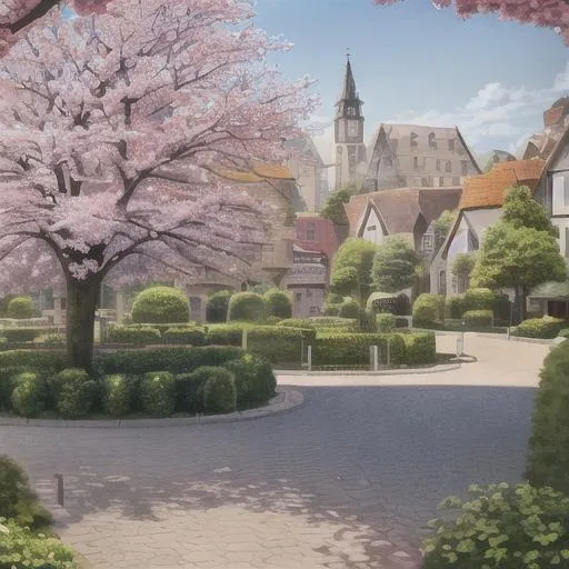 Prompt: A square with a cherry tree in the middle. The town hall and small shops. The sun is rising. Blue sky. Photorealistic.