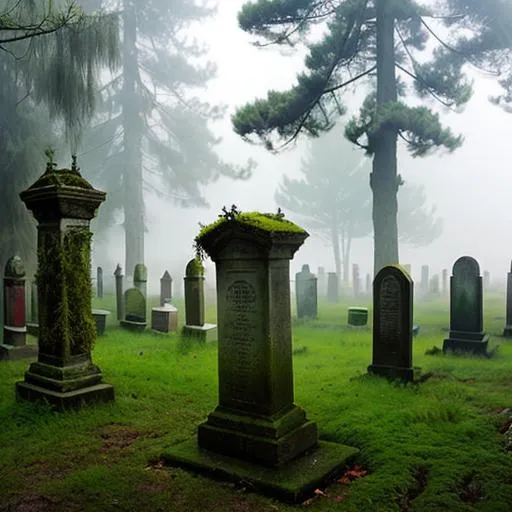 Prompt: overgrown photorealistic cemetary, mossy, misty, eerie atmosphere,  