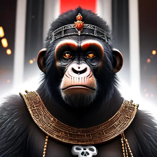 Prompt: Close-up shot of a Caesar chimp from The Planet of the Apes movie. He has dark fur and a skull makeup war painted white and red on his face. He's sitting on a throne made of scrap metal and bones, with a group of apes kneeling before him in submission, with a mean and hateful expression on his face. The scene is set in a dark, underground cavern, with flickering torches casting eerie shadows on the walls. Menacing, ominous, cinematic, highly detailed, digital painting, concept art, sharp focus, indoor scenery.