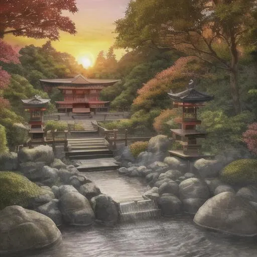 Prompt: Japanese temple, sunset, waterfalls, rocks, trees, nature, beautiful stylish view, 8k