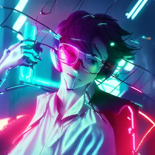 Prompt: a cute white blouses boy wearing protective glasses and only his right hand holding a glass PDA in a cyberpunk vibe