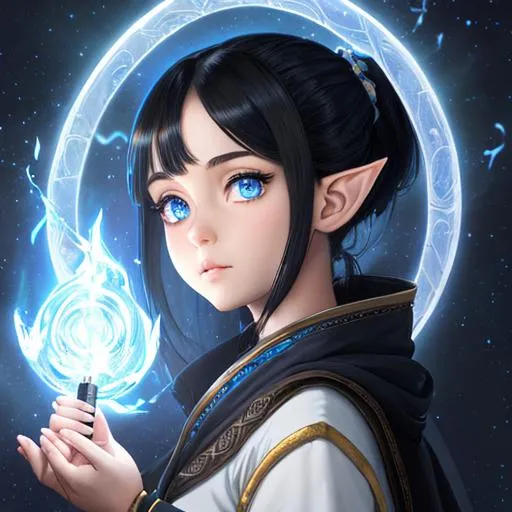 Prompt: "Full body, oil painting, fantasy, anime portrait of a young hobbit woman with short elf ears with short flowing ash black hair in a ponytail and dark blue eyes | Elemental space cleric wearing intricate glowing blue and white holy robes casting a healing spell, #3238, UHD, hd , 8k eyes, detailed face, big anime dreamy eyes, 8k eyes, intricate details, insanely detailed, masterpiece, cinematic lighting, 8k, complementary colors, golden ratio, octane render, volumetric lighting, unreal 5, artwork, concept art, cover, top model, light on hair colorful glamourous hyperdetailed medieval city background, intricate hyperdetailed breathtaking colorful glamorous scenic view landscape, ultra-fine details, hyper-focused, deep colors, dramatic lighting, ambient lighting god rays, flowers, garden | by sakimi chan, artgerm, wlop, pixiv, tumblr, instagram, deviantart