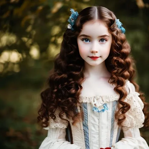 Prompt: Woman Dark brown long hair with pale skin,blue eyes holding and little girl, red curly hair,18th century aesthetic