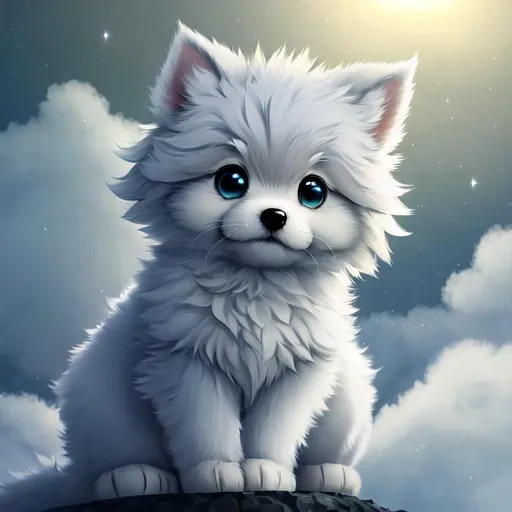 Prompt: Cute, very, very, light gray, fluffy, fantasy light puppy, with cloudy, white eyes, very, light, light, gray fur, and possessing the element of air and making circles of clouds and air move around in the air in a magical way, in a space background. Perfect features, extremely detailed, realistic. Krenz Cushart + loish +gaston bussiere +craig mullins, j. c. leyendecker +Artgerm.