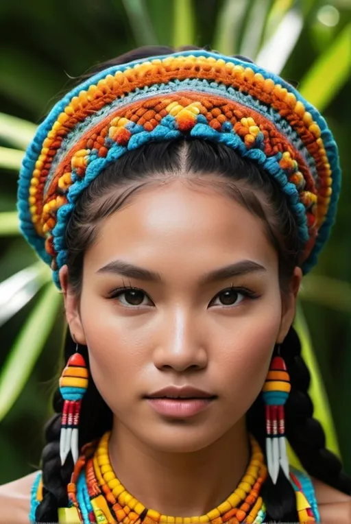 Prompt: Haute couture fashion portrait of an indigenous skin asian model, no make up model, clear skin, hair with tiny braids, American Indian, crochet turban, peruvian indigenous, amazon, jungle, native features, indigenous facial features, knits and crochet, bright colors, surreal background,  Canon EOS R7, detailed textiles, exquisite craftsmanship, high fashion, professional lighting, dreamlike, detailed facial features, detailed textiles, multicolor, summer theme, summer crochet top