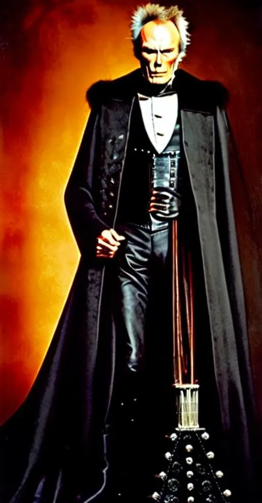 Prompt: Clint Eastwood as a nosferatu decked out in gothic leather for a Deathklok concert in Victorian England; by Joe Benitez; by Rembrandt van Rijn; by Ariel Olivetti; in rich oil color with advanced specularity realistic fur volumetric lighting deep focus and subsurface scattering; rule of thirds; dramatic composition