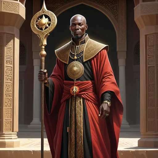 Prompt: Full body, Fantasy illustration of a male black cleric, 50 years old, black skin, skinny, tonsure, delicated robe in red with golden ornaments, Holding a staff with a sun symbol, faithful devout expression, high quality, rpg-fantasy, detailed, in front of a building like the Great Mosque of Djenné