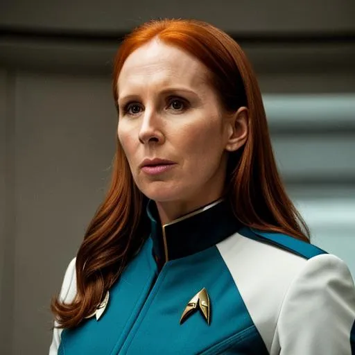 Prompt: Catherine Tate in a Starfleet uniform. {Star Trek: The Next Generation}