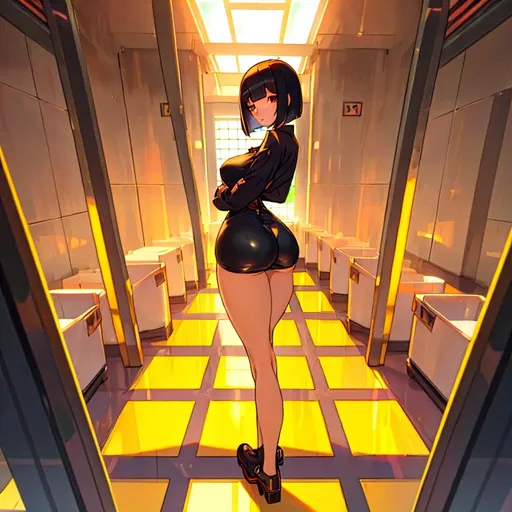 Prompt: a lonely prsion AI girl, very tall, thick thighs, wide hips, huge glutes, long legs, arms, slender waist, big beautiful symmetrical eyes, intriguingly beautiful face, aloof expression, symmetrical face, bob haircut with bangs, wearing prison clothes, in prison, 36K resolution, 12K raytracing, hyper-professional, impossible quality, impossible resolution, impossible detail, hyper output