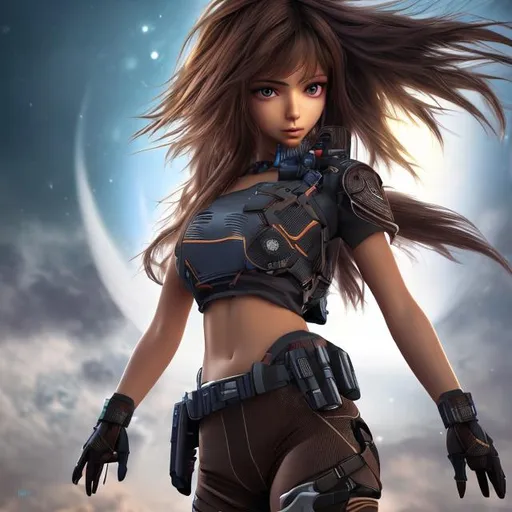 Prompt: 4k high resolution cgi anime sci-fi style, full body picture, petite young indian female, brown hair with blonde streaks