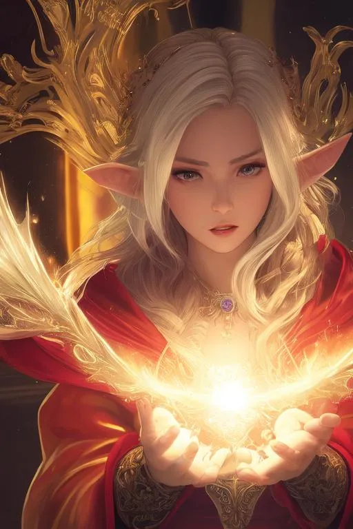 Prompt: Lunafreya Nox Fleuret, masterpiece,angry face, best quality,CG,wallpaper,HDR,high quality,high-definition,extremely detailed, perfect fingers, beautiful hands, Small cleavage, Elf, sharp chin, mage, A young and beautiful female elf casting a spell, mage aura, wearing red mage robe, golden iris, short white long hair, beautiful detailed face features, digital painting by WLOPP, greg rutkowski, JunYoung shin, CL, kim sung hwan, symmetrical facial features, accurate anatomy, sharp focus, smooth, hyper-detailed, hyper-realistic, fashion, subtractive lighting, 16k, full body)