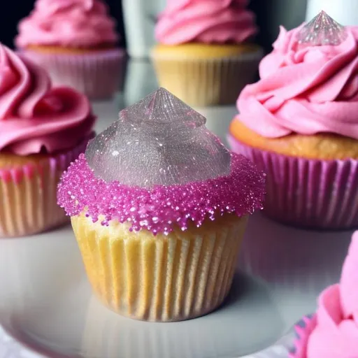 Prompt: Cupcake with diamond shape sugar crystals on top