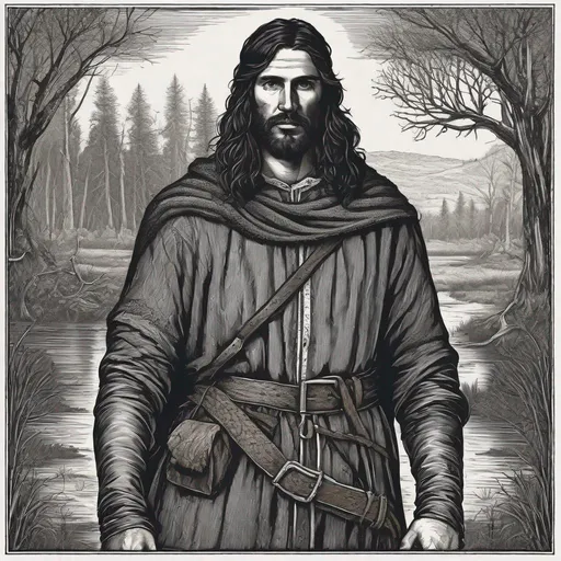 Prompt: black and white Engraving, half total,  grim sturdy european adventurer, empty look, brown eyes, black long wet hair, outworn medieval sturdy adventurer clothing, medieval fantasy setting, symmetrical detailed face, medieval swamp in the background, extremely detailed,