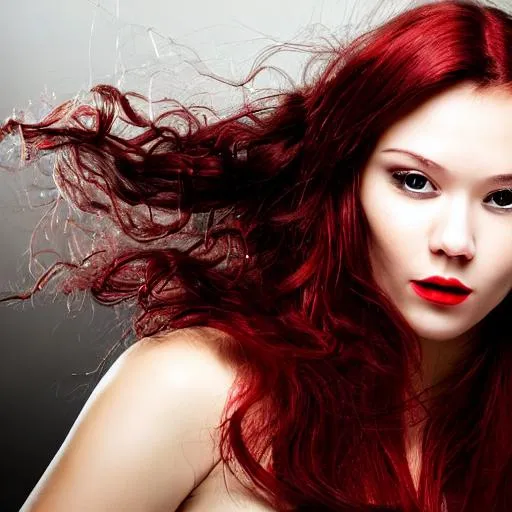 Prompt: Dark background, beautiful woman's face looking straight at camera, fair skin, with long flowing red hair and black eyes