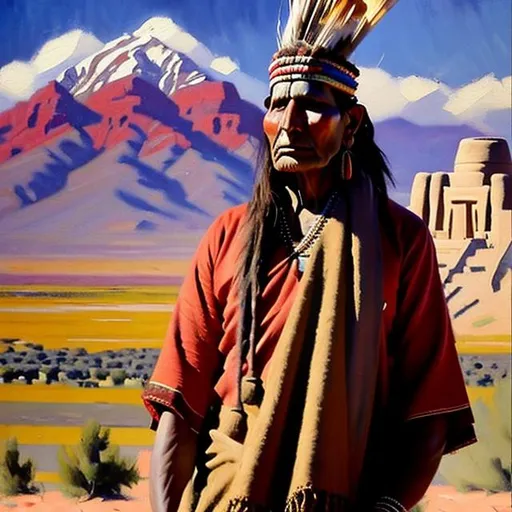 Prompt: High quality, finely detailed oil painting of Taos Pueblan Indian in formal dress circa 1910 in the style of Maynard Dixon 