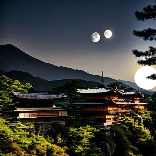 Prompt: japanese house, horror, at midnight ,  full moon over the mountains, mountain , dark forest , fire's ,  two samurai  fight